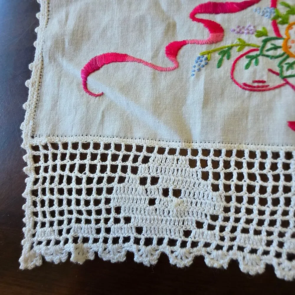 Vintage Floral Basket Embroidered Dresser Scarf Linen Runner Double Sided 32
